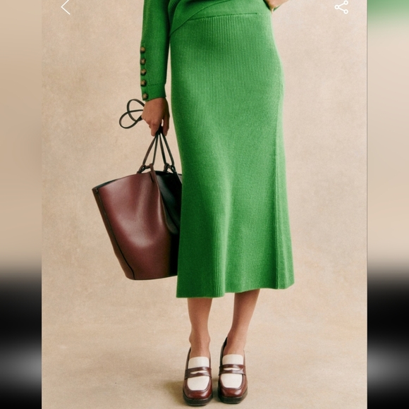 Sezane Naelle Merino Wool/ Organic Cotton Green Midi Skirt - Picture 3 of 6